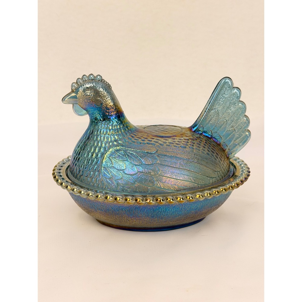 Indiana Glass Blue Carnival Hen on Nest 2891 Iridescent Glass Candy Dish 7 inch